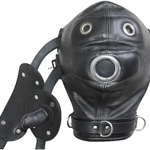 pornhint Pornhint Genuine Cowhide Leather Costume Reenactment Gear Padded Mask Hood with Mouth Gag & Blind Fold