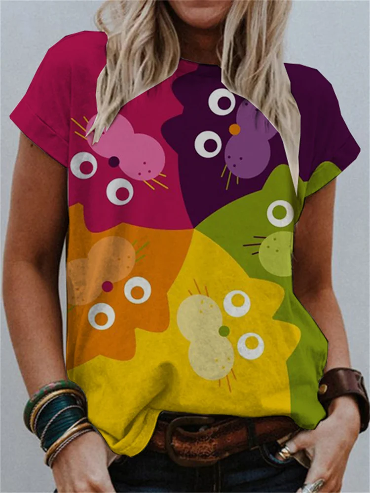 Wearshes Contrasting Colour Block Cat Print T Shirt