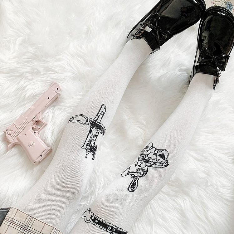 Gothic Rabbit Printed Lolita Overknee Socks - Gotamochi Kawaii Shop, Kawaii Clothes