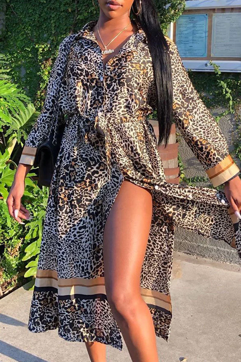 Casual Print Leopard Split Joint Buckle With Belt Turndown Collar Shirt Dress Dresses