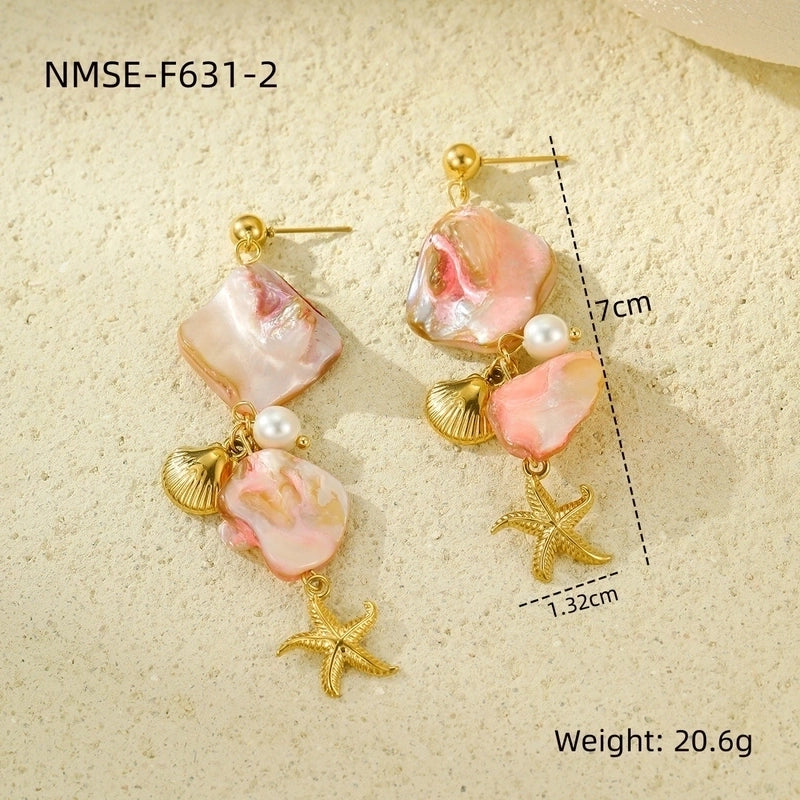 1 Pair Elegant Lady Scallop Starfish Plating 304 Stainless Steel Drop Earrings