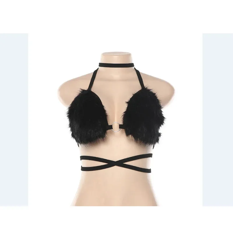 Huiketi Selling Sexy Women Fur Soft Plush Fleece Bras Pink Black Halter Crop Tops Ladies Underwear Bras Short Top