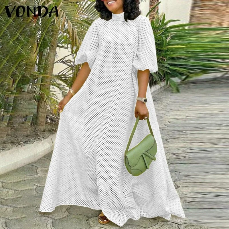 Summer Baggy Dress VONDA Women Casual O Neck Half Sleeve See Through Long Maxi Dresses Femme Pleated Puff Sleeve Beach Sundress