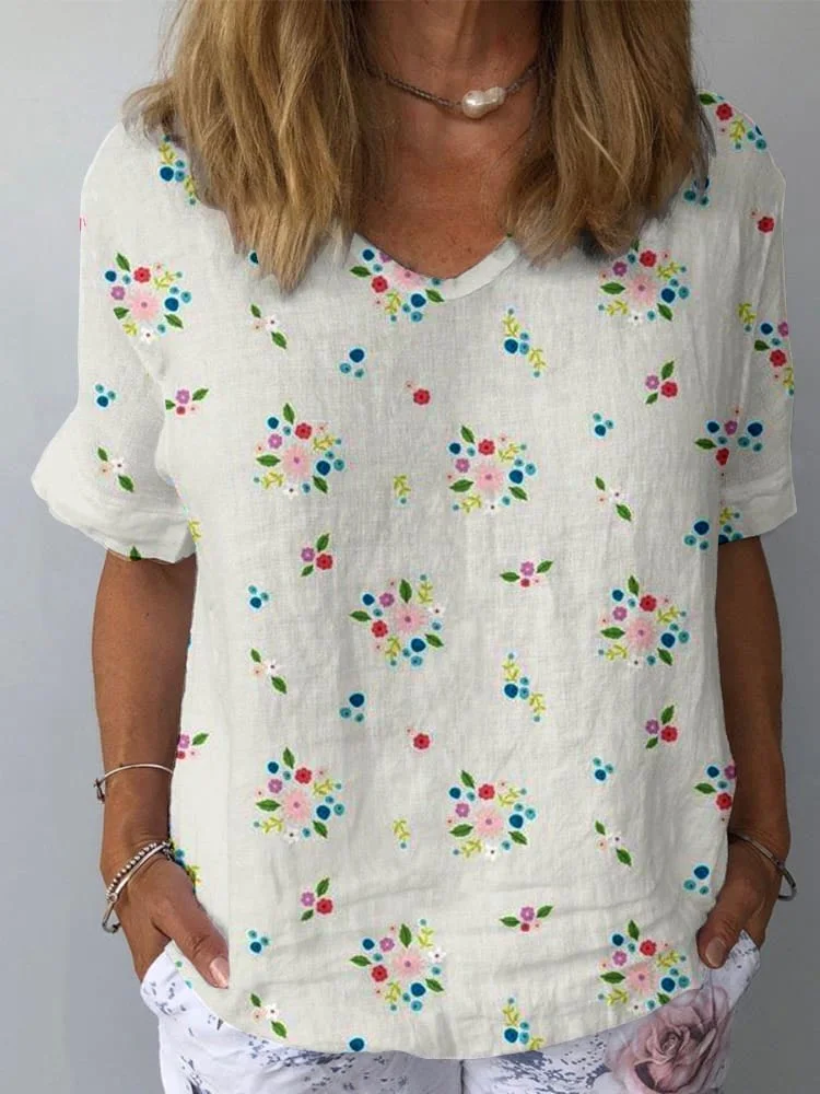 Womens Artistic Flower Pattern Cotton and Linen Short Sleeve Top
