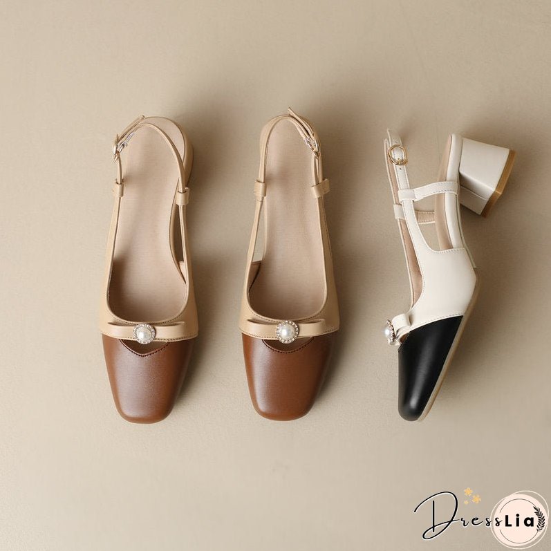 Joskka Closed Toe Vintage Lady Summer Shoes Mixed Color Pearl Design Slingbacks Square Chunky Med Heels Sandals Women Hoco Shoes