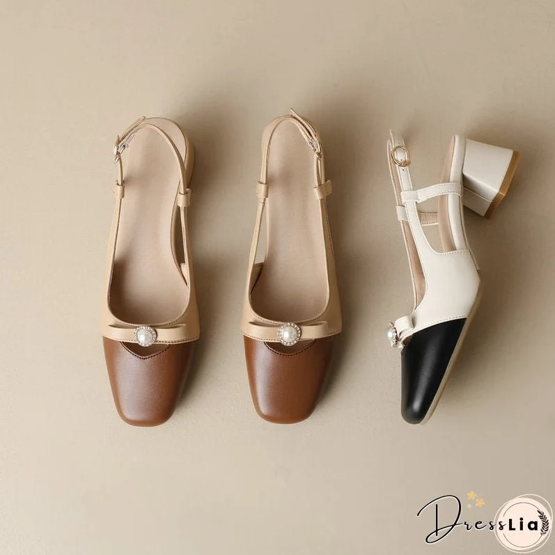 Joskka Closed Toe Vintage Lady Summer Shoes Mixed Color Pearl Design Slingbacks Square Chunky Med Heels Sandals Women Hoco Shoes