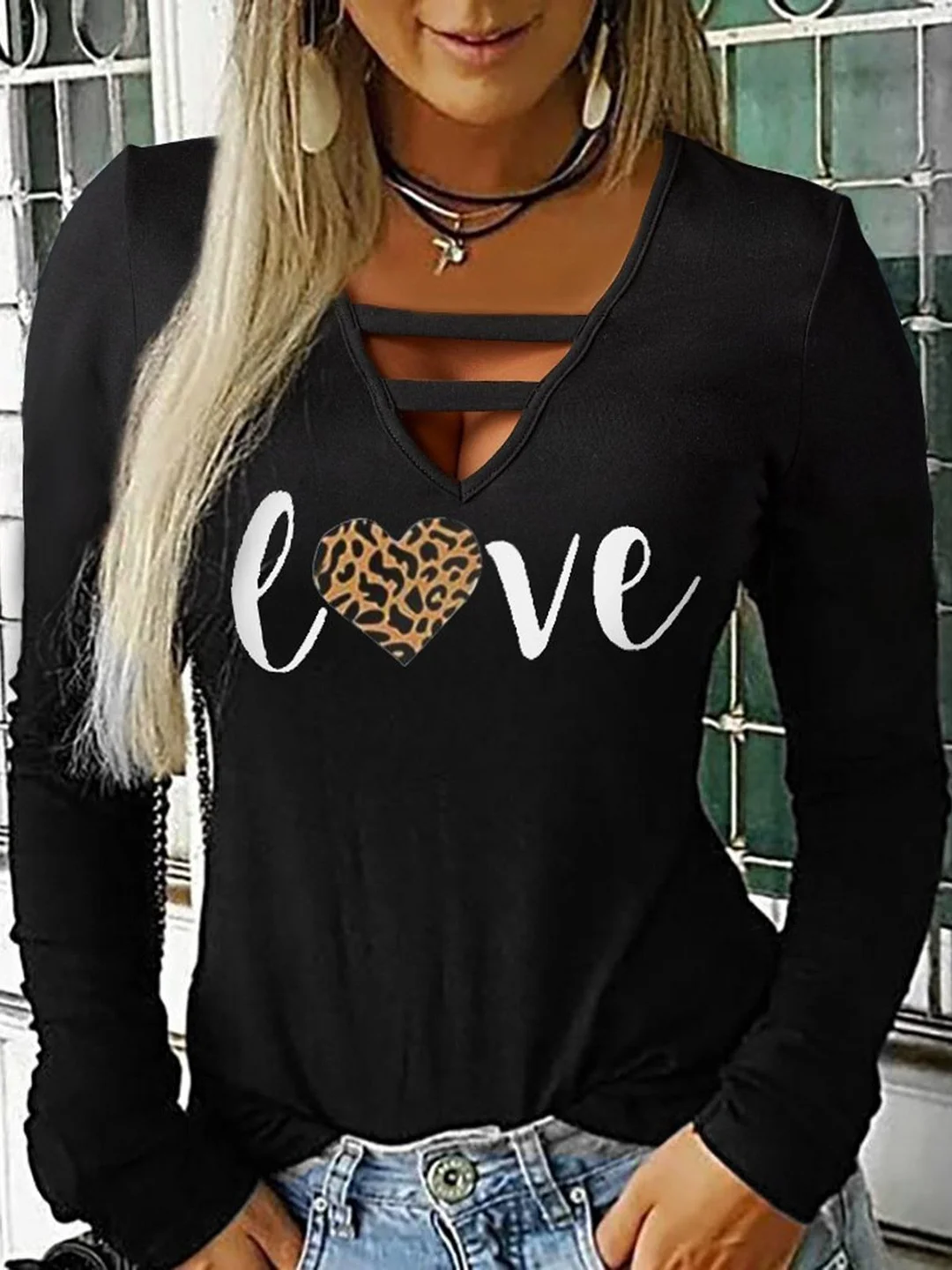 Black Letter Printed Long Sleeve Cutout Sexy Casual Party Top