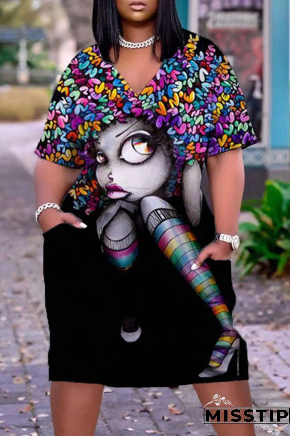 Multicolor Casual Print Patchwork Pocket V Neck Straight Dresses