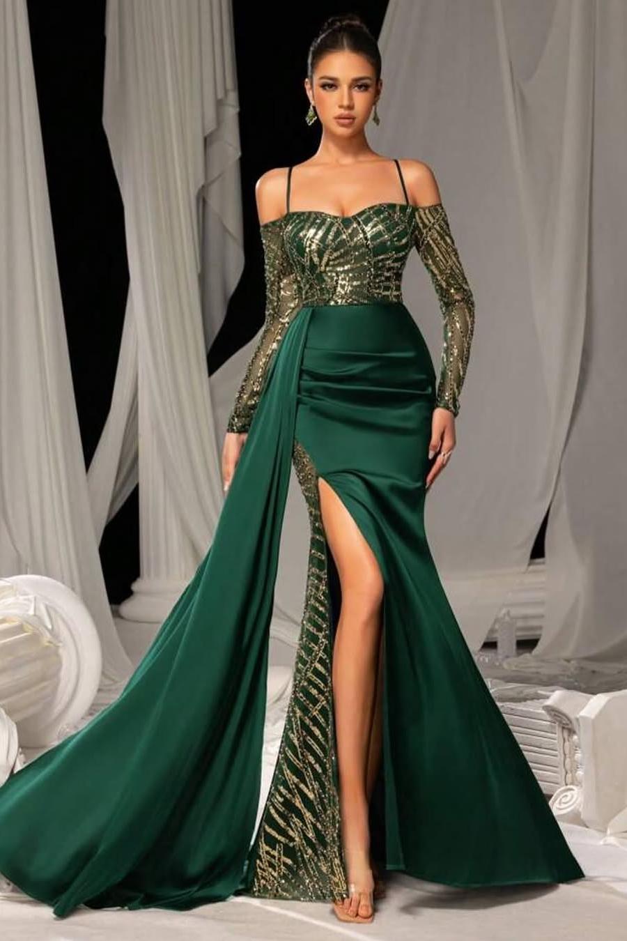 Lussooy Dark Green Luxury Satin Spaghetti Strap Long Sleeves Split Prom Dress with Sequins 