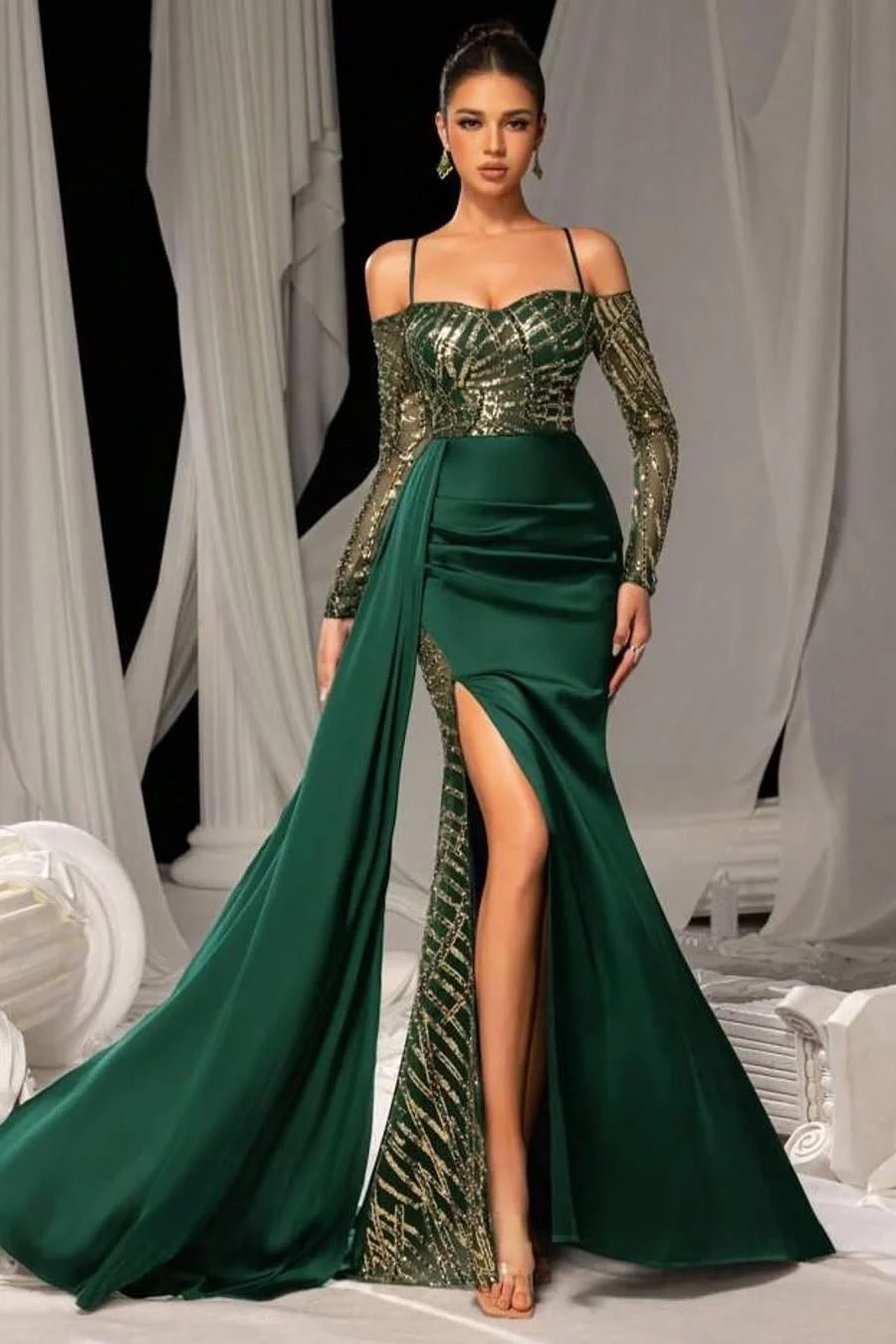 Miabel Luxury Dark Green Satin Long Sleeves Spaghetti Strap Split Prom Dress with Sequins 