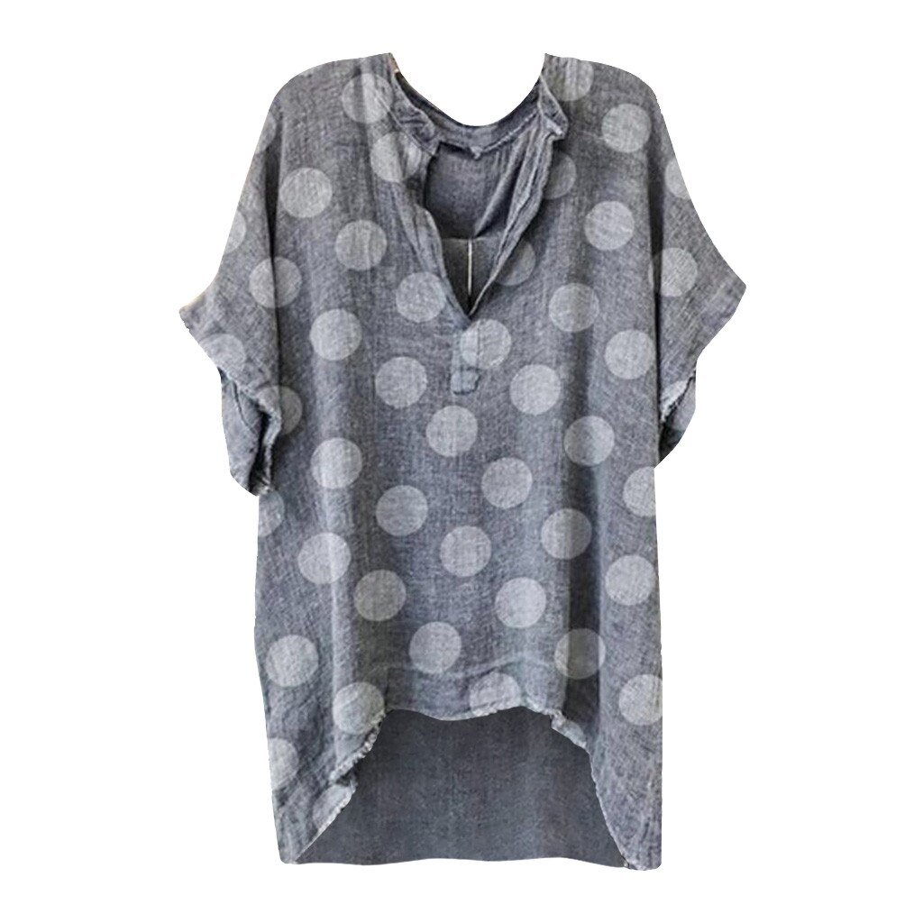 Gray Loose Casual Blouse Women Summer V-Neck Tops Dot Printing V-Neck Plus Size Fashion Blouse Short Sleeve Daily Tunic Tops #j