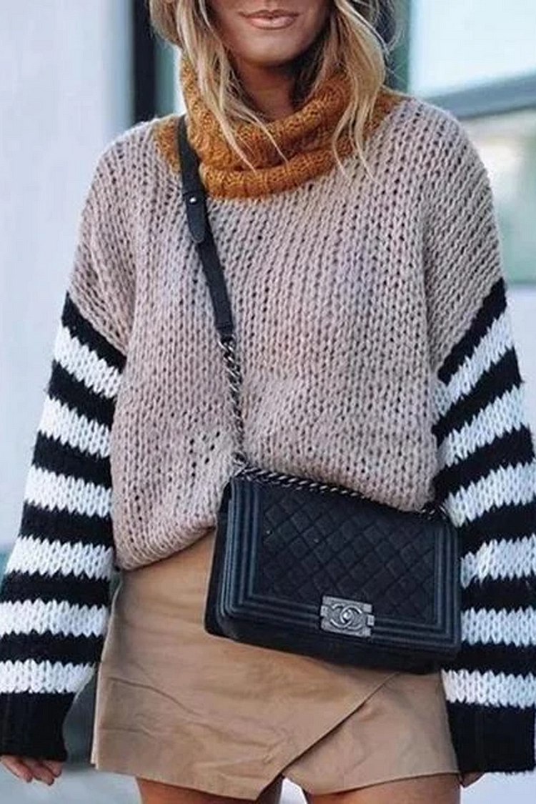 Turtleneck Striped Sleeve Print Sweater