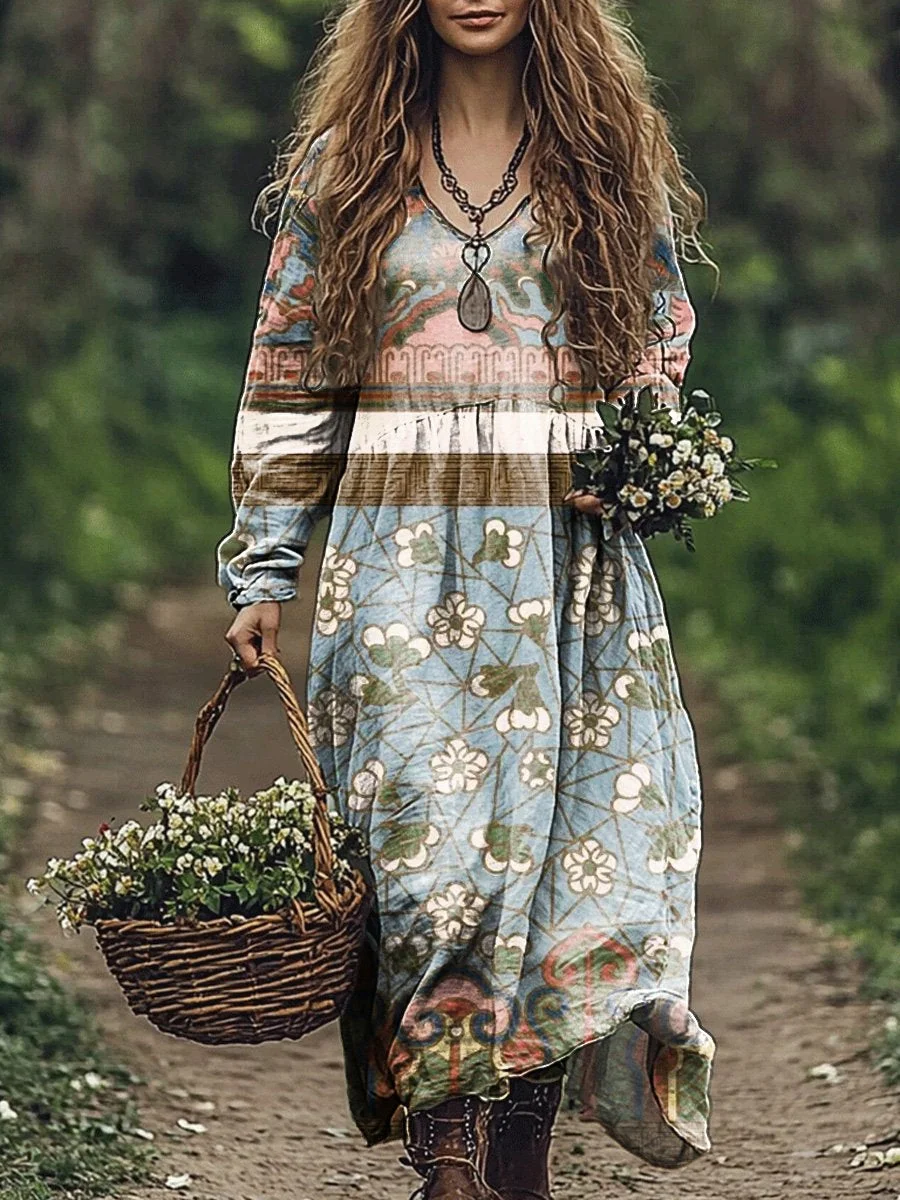 Women's Vintage Pattern Floral Art Print Pocket Cotton V Neck Long Sleeve Dress