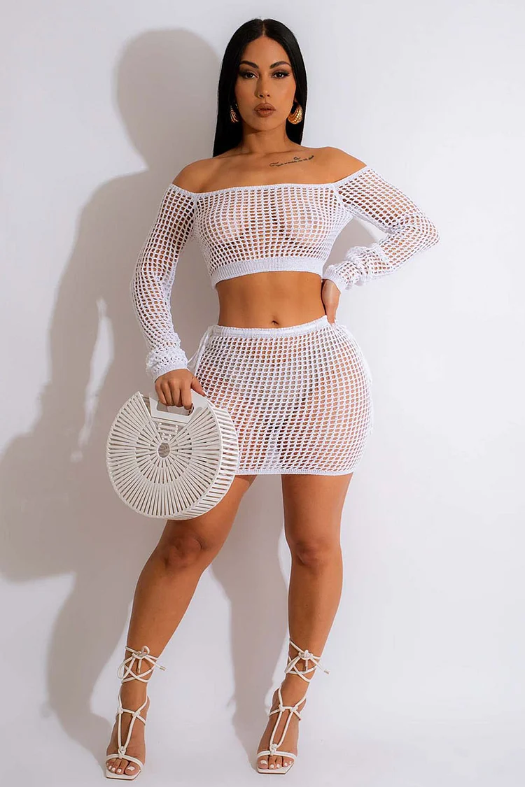 Hollow Out Long Sleeve Knit Cover Ups Mini Skirt Matching Set