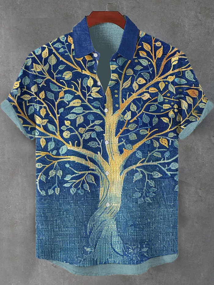 Men's Vintage Tree Of Life Denim Texture Print Linen Blend Shirt