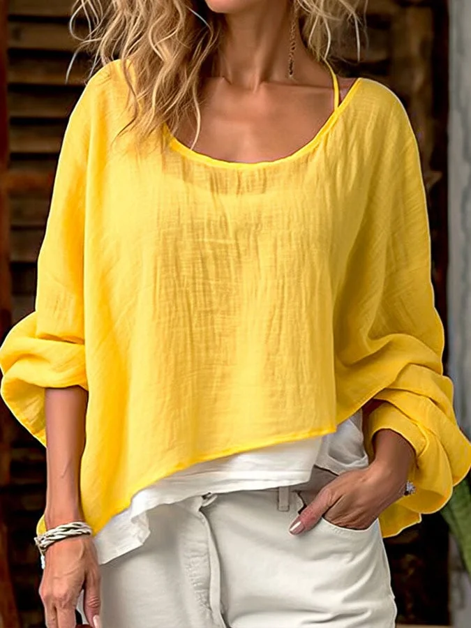 Women's Autumn Yellow Cotton Linen Casual Tops