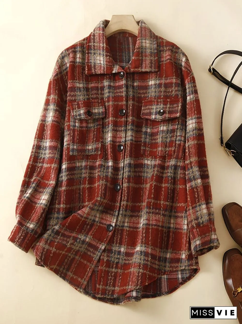 Women's Fall Casual Button Down Fleece Plaid Shirt Jacket