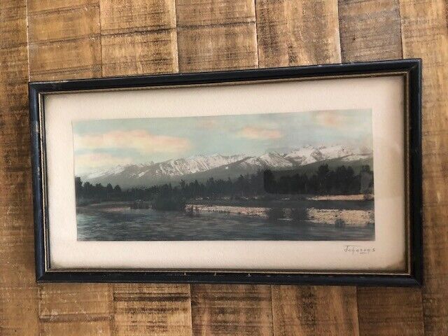 VERY NICE - Hand Tinted Colored Photo Poster painting - Western landscape (Yellowstone ?) FRAMED