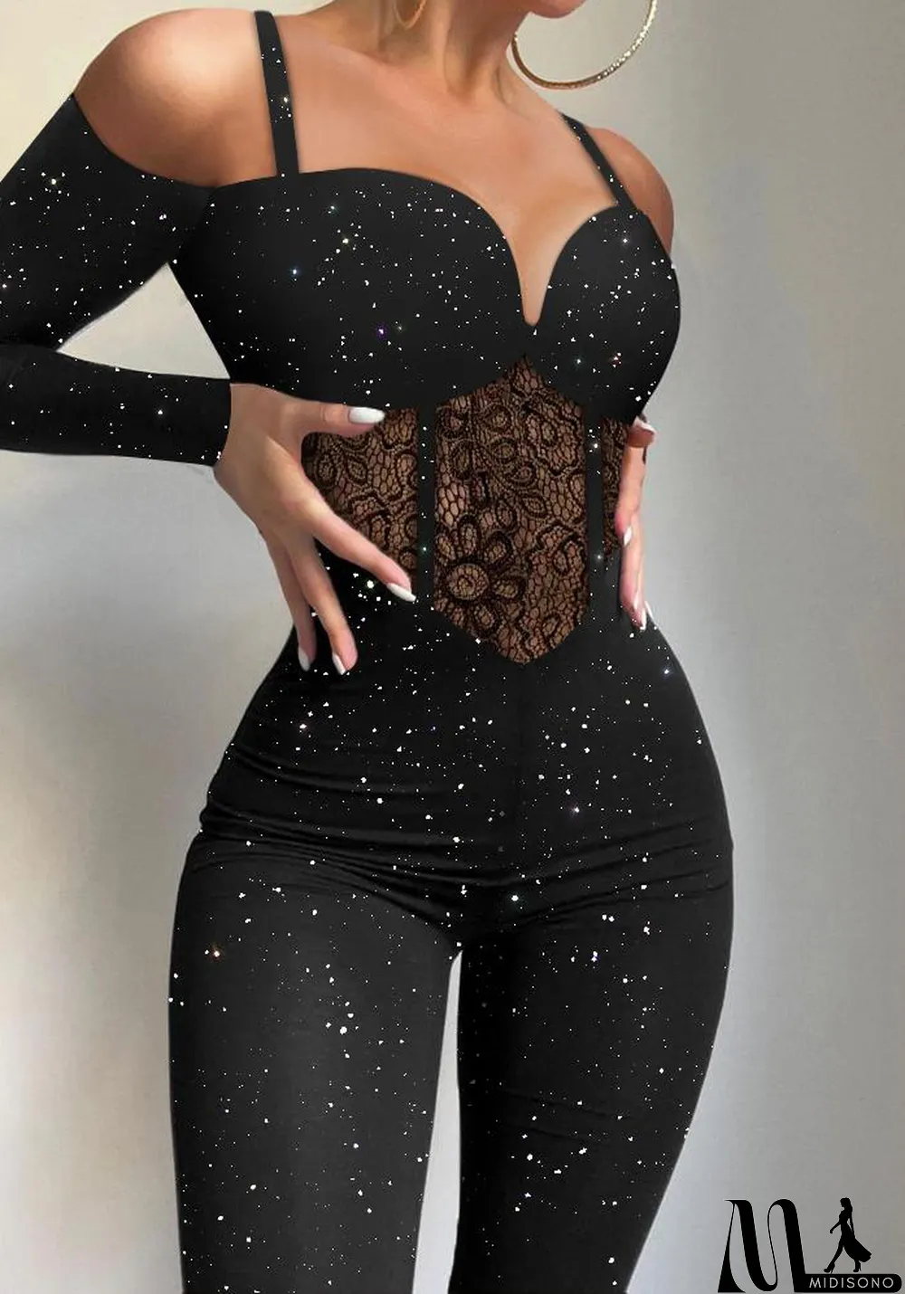 MidiSono - Women's Black Low Neck Sexy Tight Fitting Jumpsuit