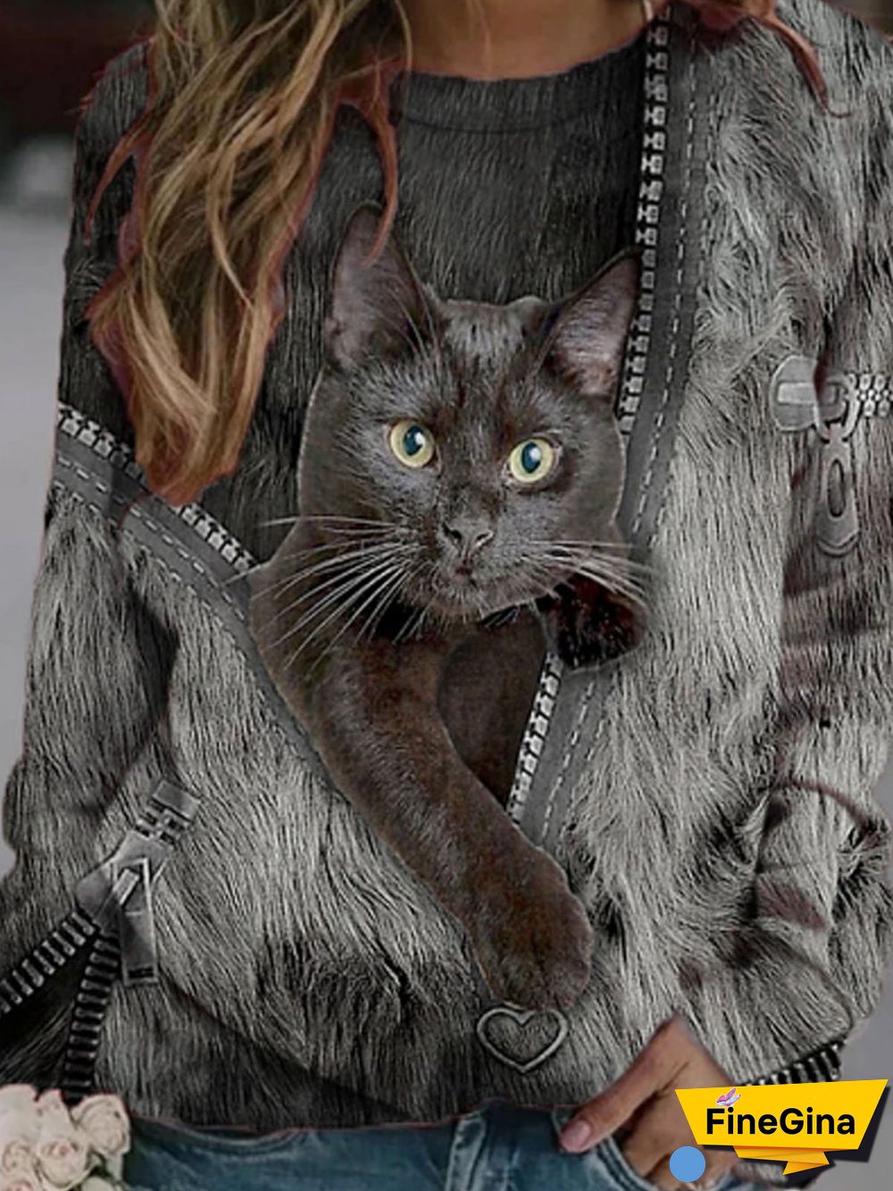 Women Casual Black-Grey Cat Printed Tops