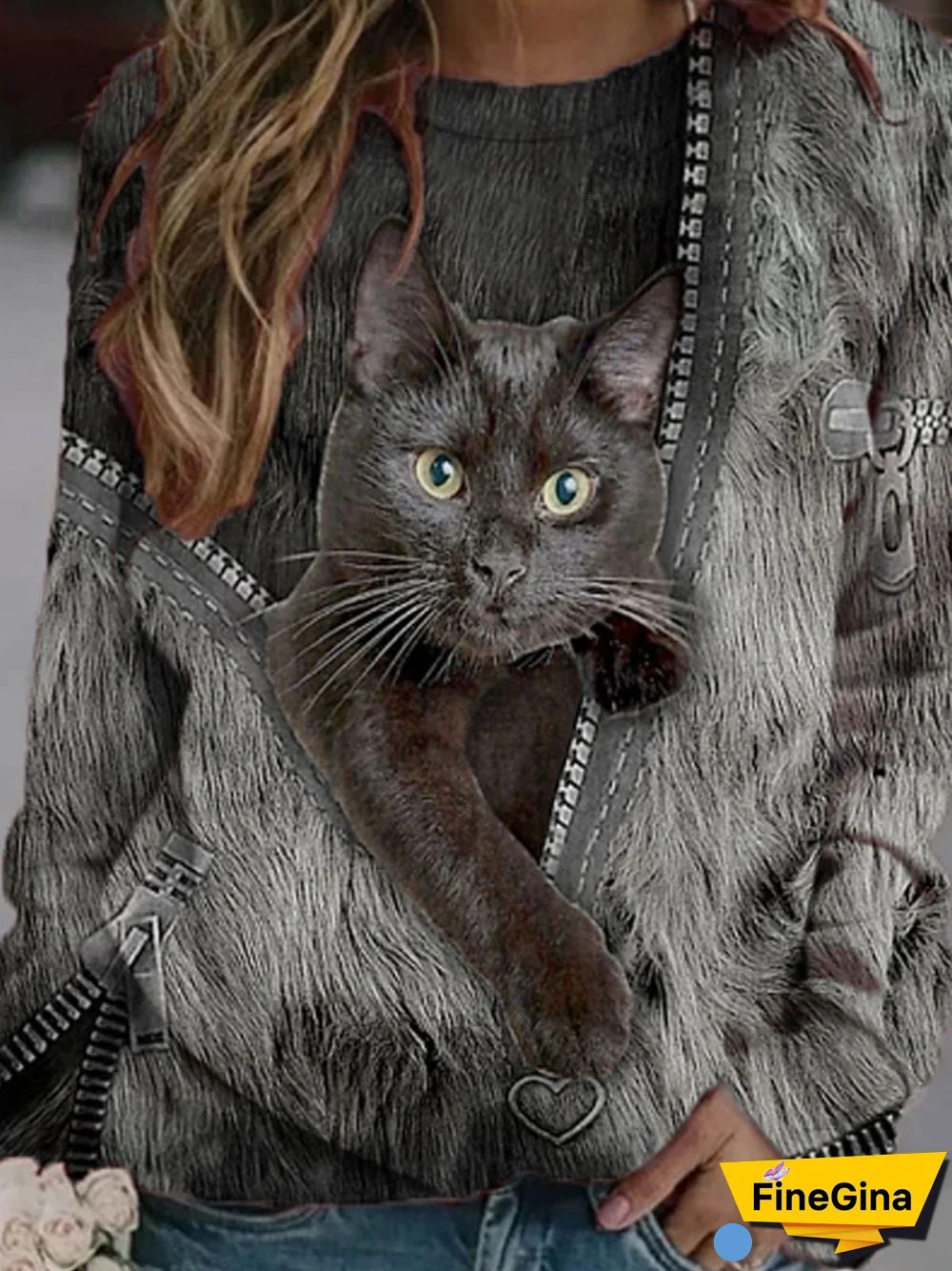 Women Casual Black-Grey Cat Printed Tops