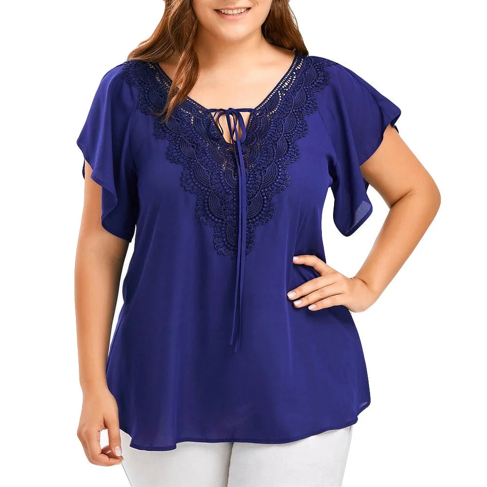 Plus Size Summer Fashion Patchwork Lace up Blouse Ladies Tops Loose Top Female Women Half Sleeve Shirt Blusas Femininas Pullover