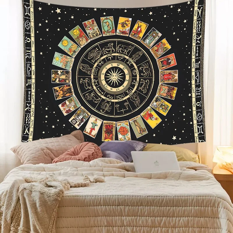 Tarot Card Mandala Tapestry Wheel of the Zodiac Astrology Chart & the Major Arcana Tarot  Sun and Moon  Wall Hanging Home Decor