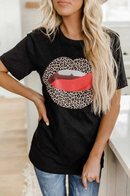 Animal Print Lips Black Heather Graphic Tee T Shirt