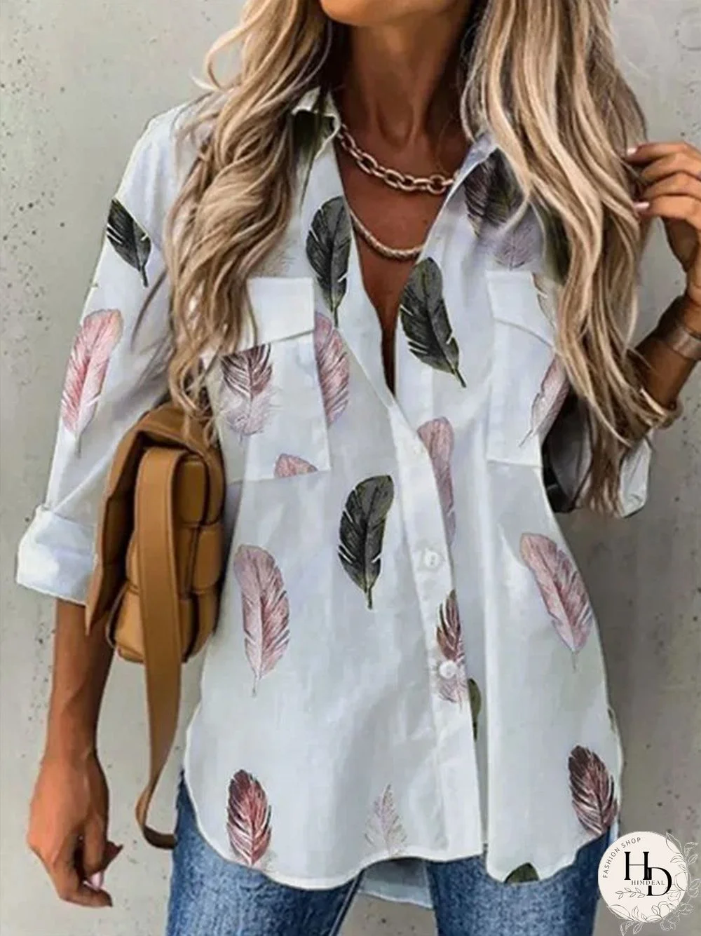 Feather Shirt Collar Long Sleeve Casual Blouse