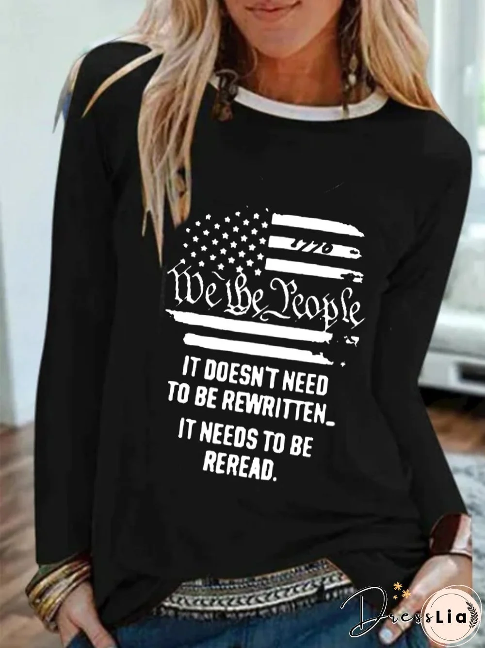 Long Sleeve Round Neck Plus Size Printed Tops T-Shirts