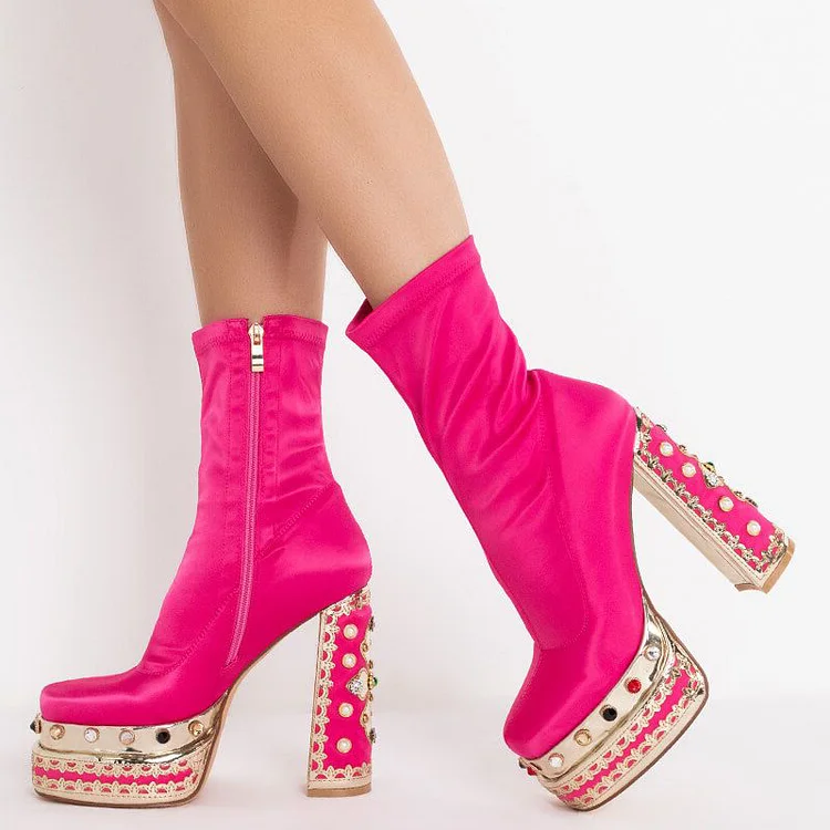 Hot Pink Satin Ankle Boots Square Toe Rhinestone Platform Heels |FSJ Shoes