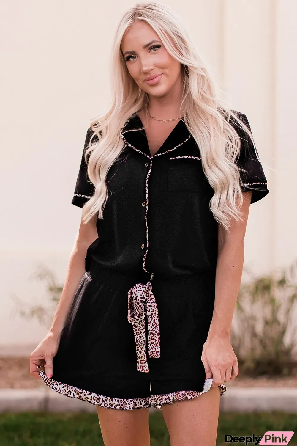 Black Leopard Long Sleeve Shirt and Shorts Lounge Set