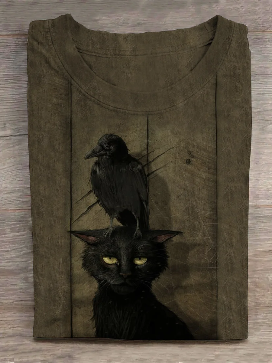 Eagerlys Crow Perched on Cat's Head T-shirt Eagerlys