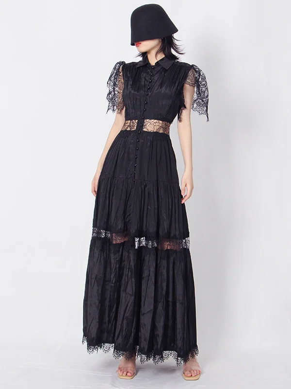 Lace Lapel Ruffle Sleeves Waist Hollow Out Irregular Maxi Dress