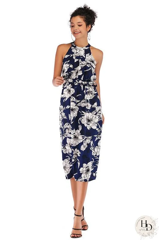 Floral Tie Front Elastic Waist Chiffon Dress