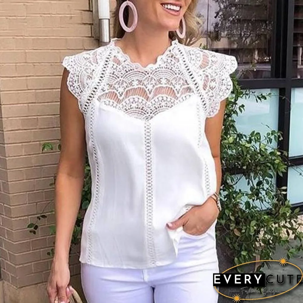 Women Blouse Sexy Sleeveless Lace OL Office Ladies Shirt Hollow Party Tops