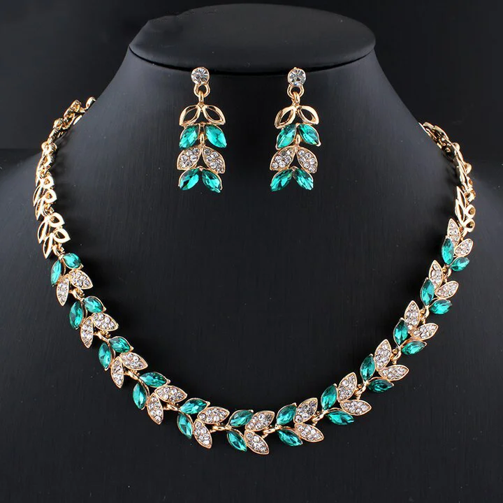 Green Glass Crystal Necklace Earrings Sets