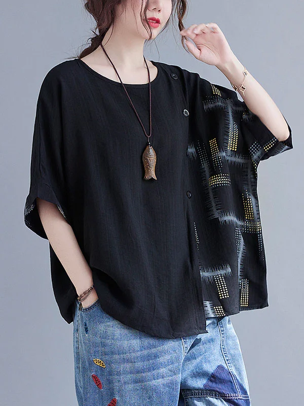 Cropped Stamped High-Low Ramie Cotton Roomy Shirt