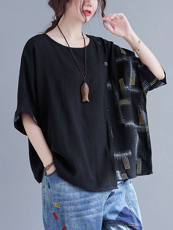 Cropped Printed High-Low Ramie Cotton Loose Shirt