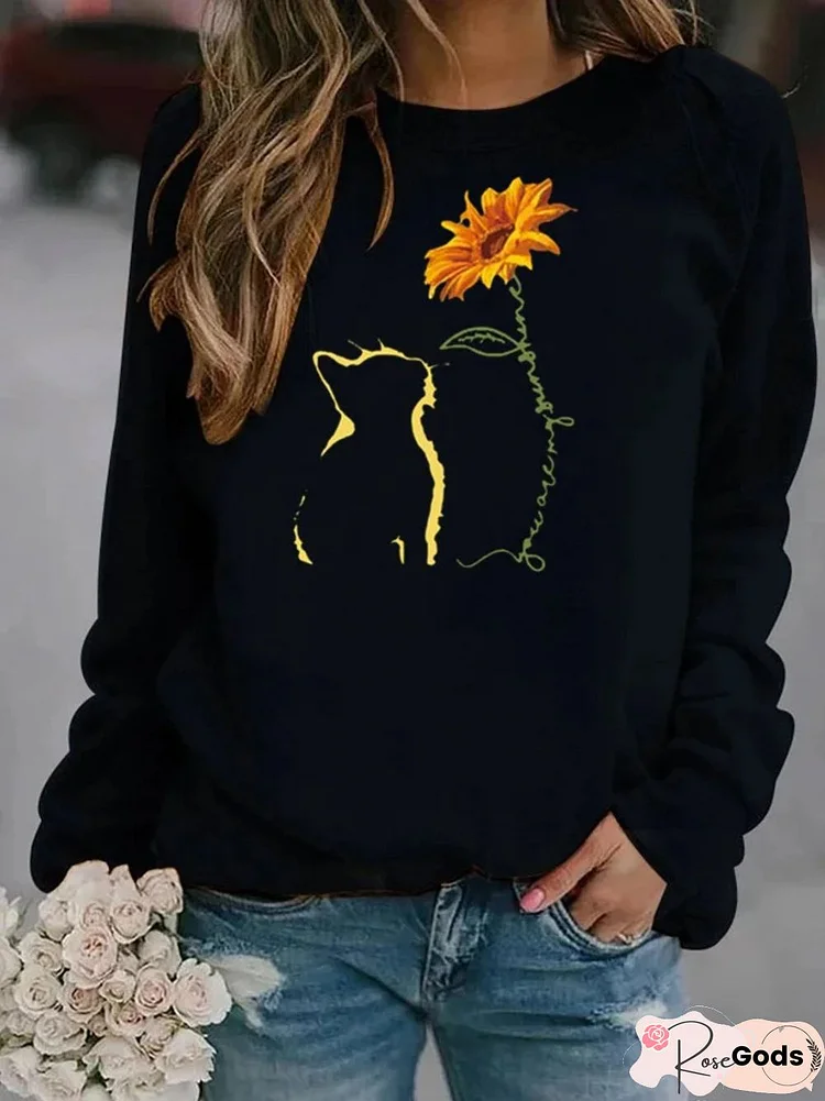 Cat Sunflower Casual Cotton-Blend Printed Long Sleeve Sweatshirts