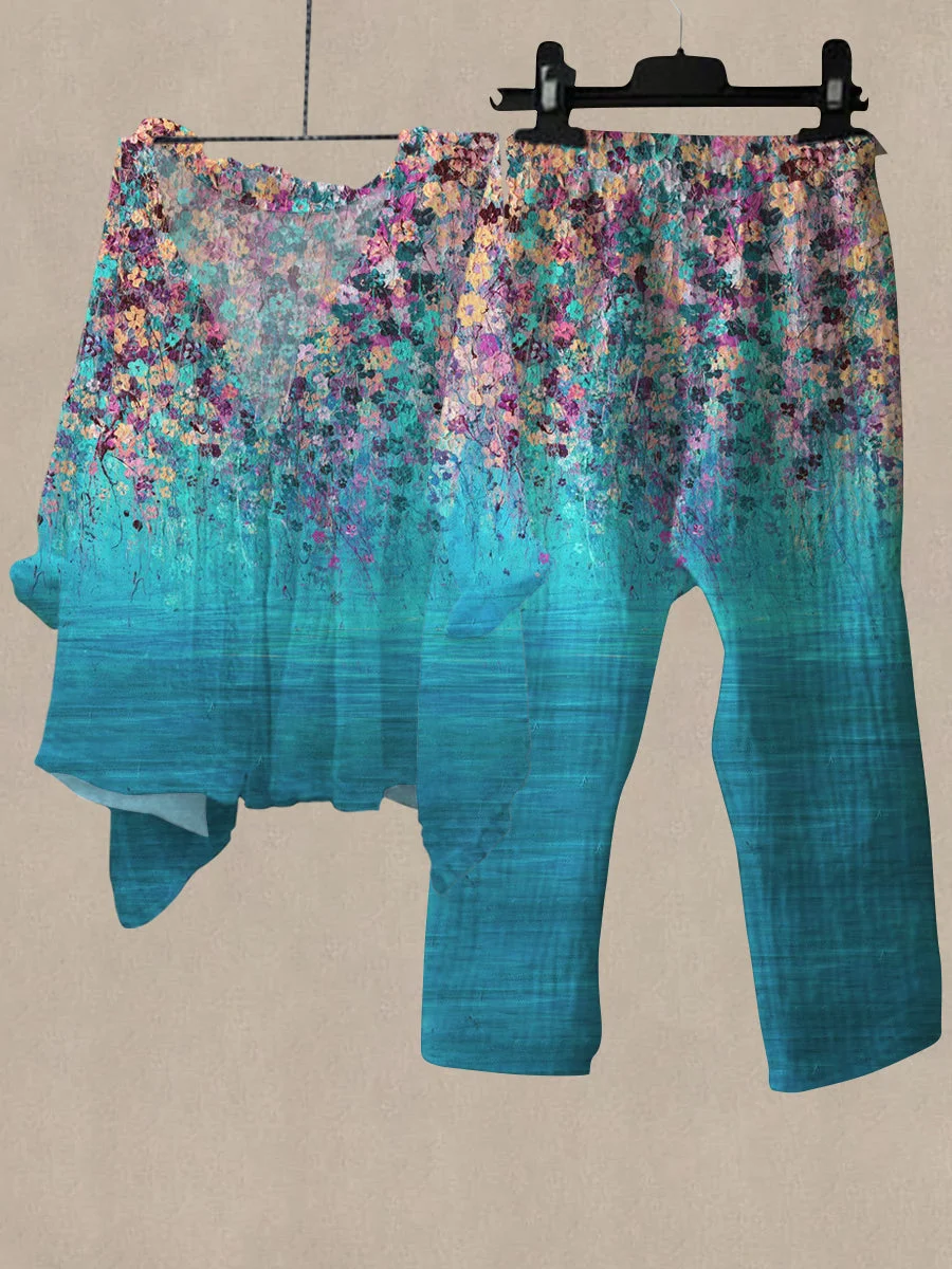 Linen Women's Colorful Floral Print Casual Two Pieces Set