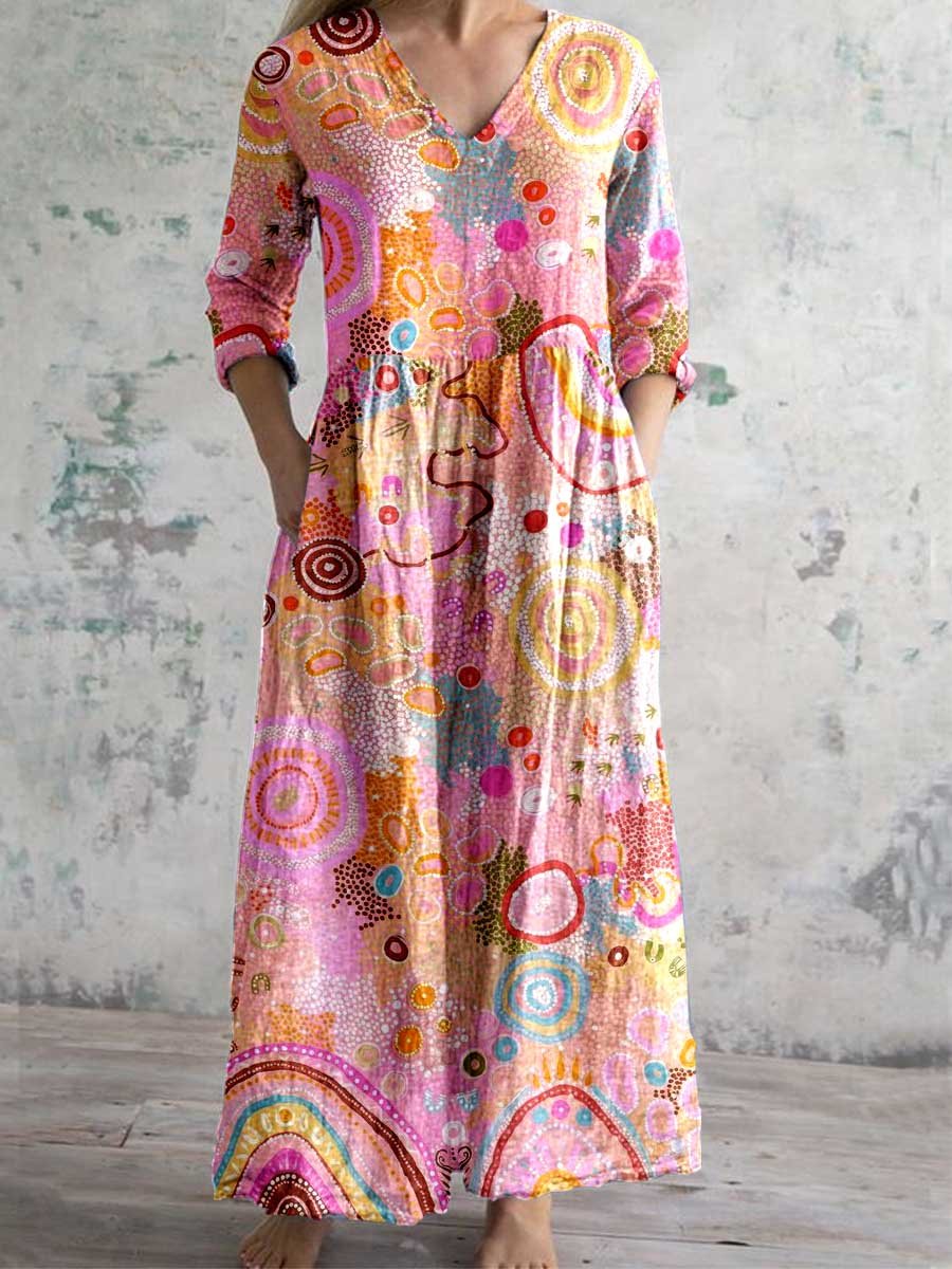 Women's V-Neck Abstract Art Print Pattern Cotton and Linen Dress with Pockets