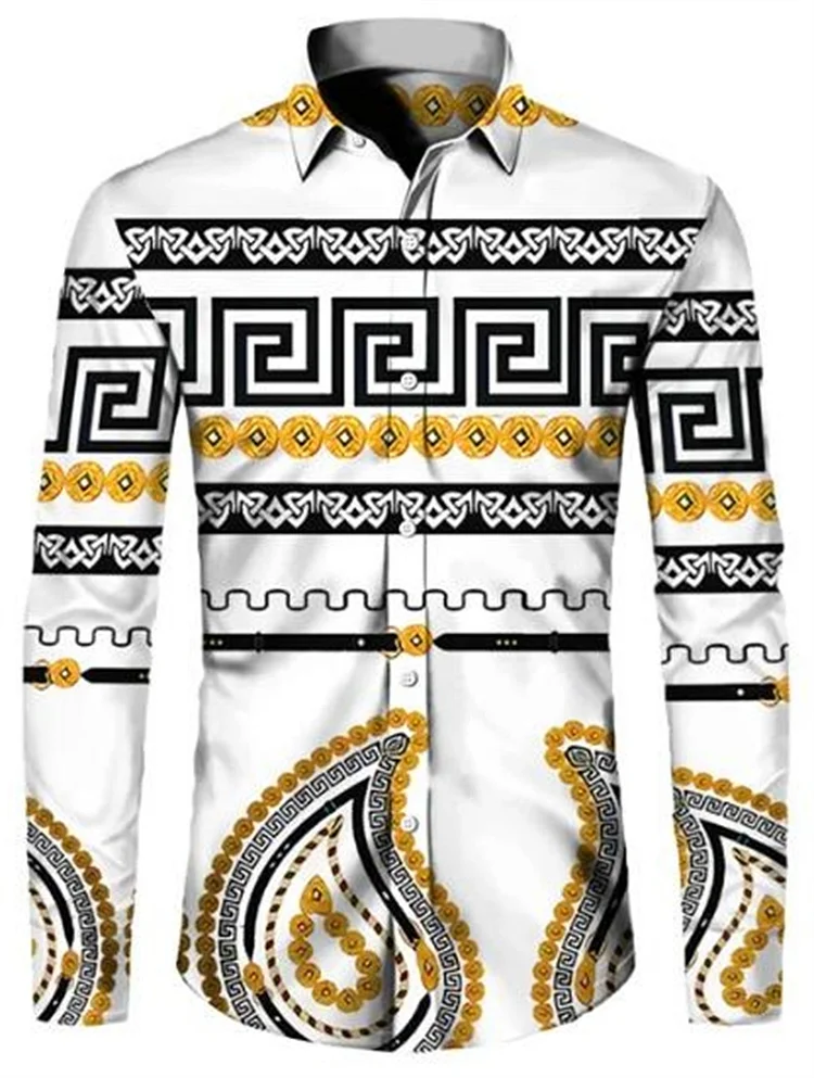 Kakacloud Gold flower pattern print men's shirt casual single breasted cardigan long sleeve shirt fashion trend tops men's clothing