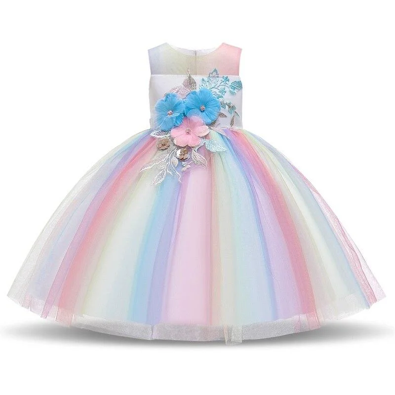 Rainbow Cake Girls Unicorn Dress Long Tail Train Dress Baby Girl Princess Birthday Party Ball Gown Kids Horse Clothes Hairband