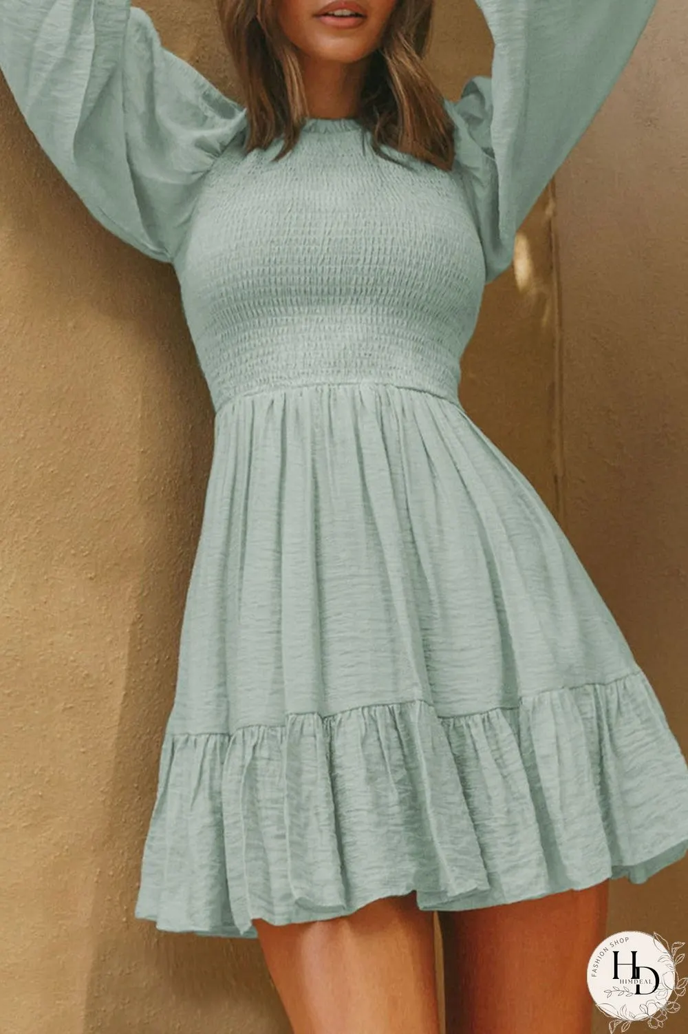 Fashion Solid Flounce O Neck Long Sleeve Dresses(11 Colors)