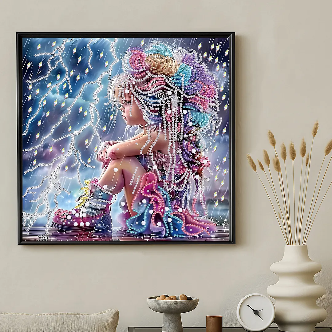 Rainy Beaded Girl Special Shaped 5D DIY Partial Drill Diamonds Dots Gem Art Kits for Adults Beginners Home Decor Diamond Dots Paintings Diamonds Paintings Gem Art 11.81 X11.81inch