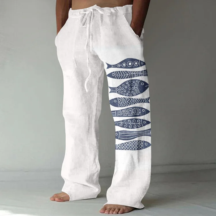 Vintage Japanese Art Fish Casual Linen Blend Pants