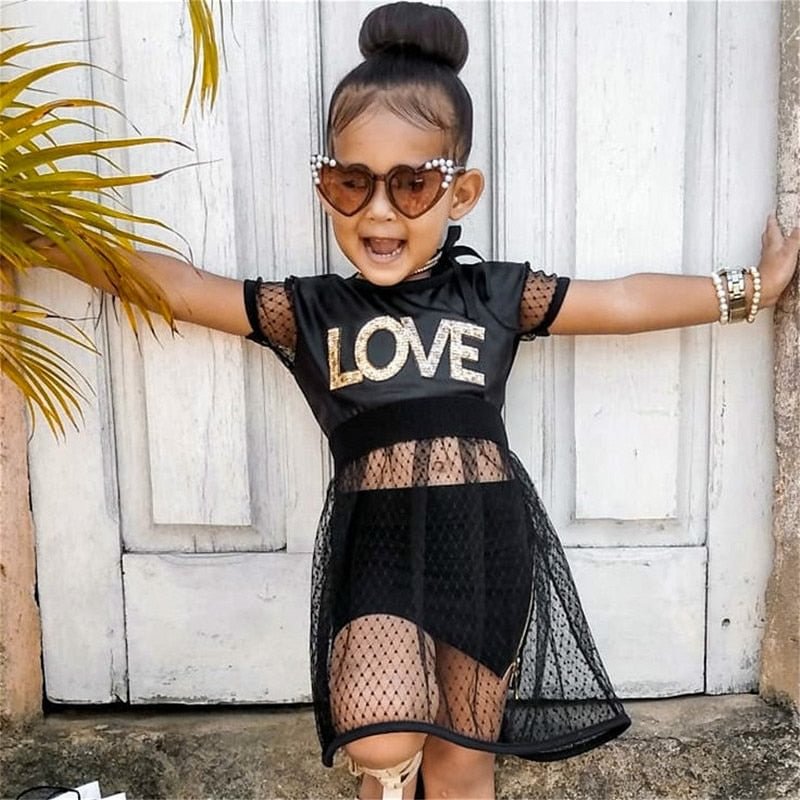 2021 Fashion Kids Girls Clothes Sets Summer Children Mesh Short Sleeve T-shirt Dress+Shorts Casual Baby Girls Outfits 1-6Y