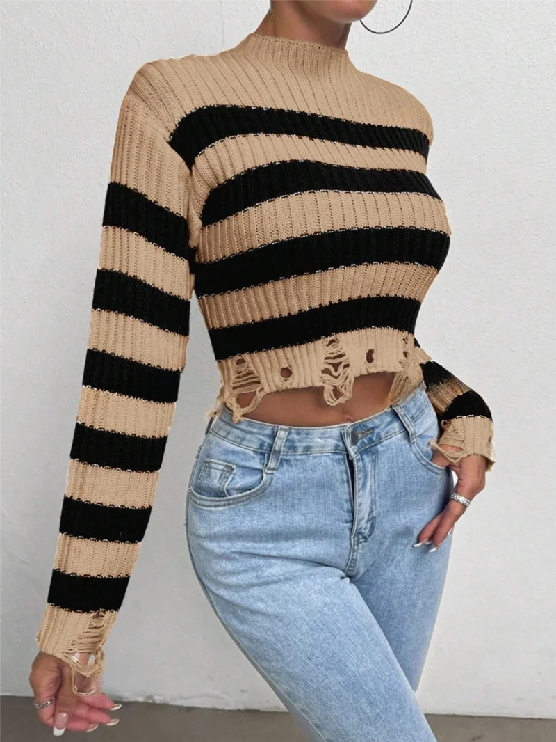 Athvotar Athvotar Women's Clothing Fashion Round Collar High-Waist Short Striped Knitted Short Sweater