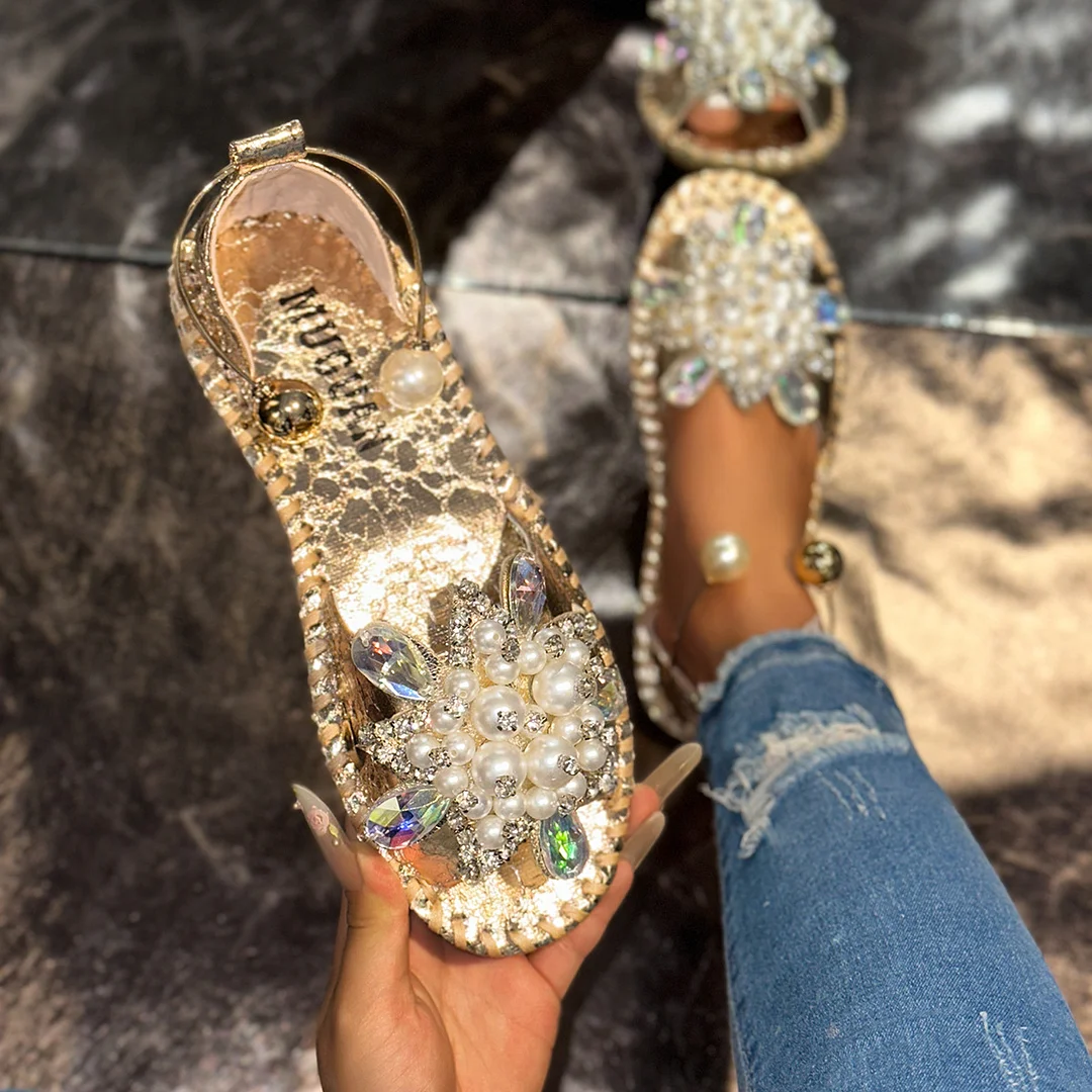 Nigikala Nigikala Temperament Pearl Flowers Wearing Flat-Soled Sandals Women's New Summer With Skirt Fairy Wind Drag